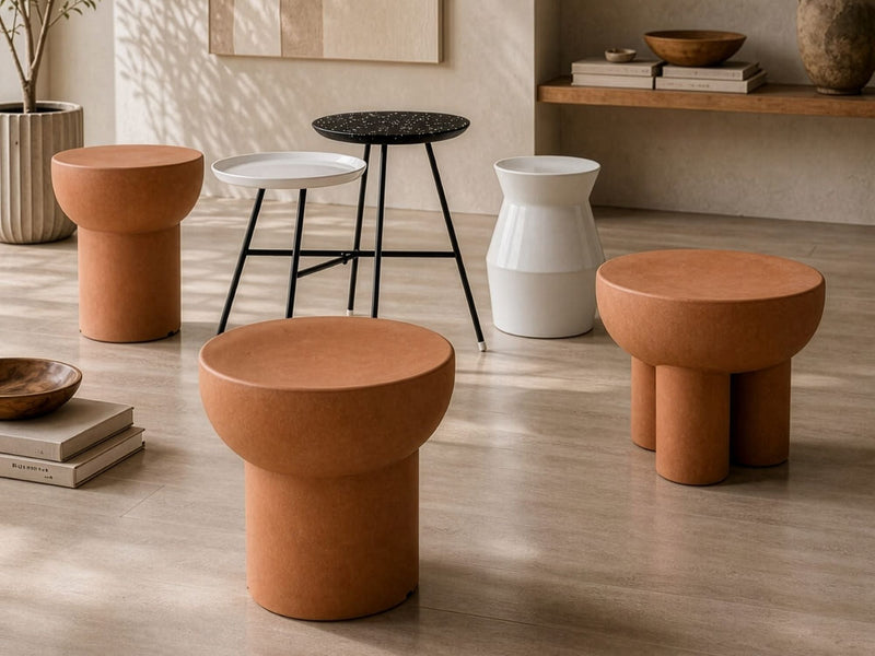 A small wooden table with a planter beside a green chair in a corner
