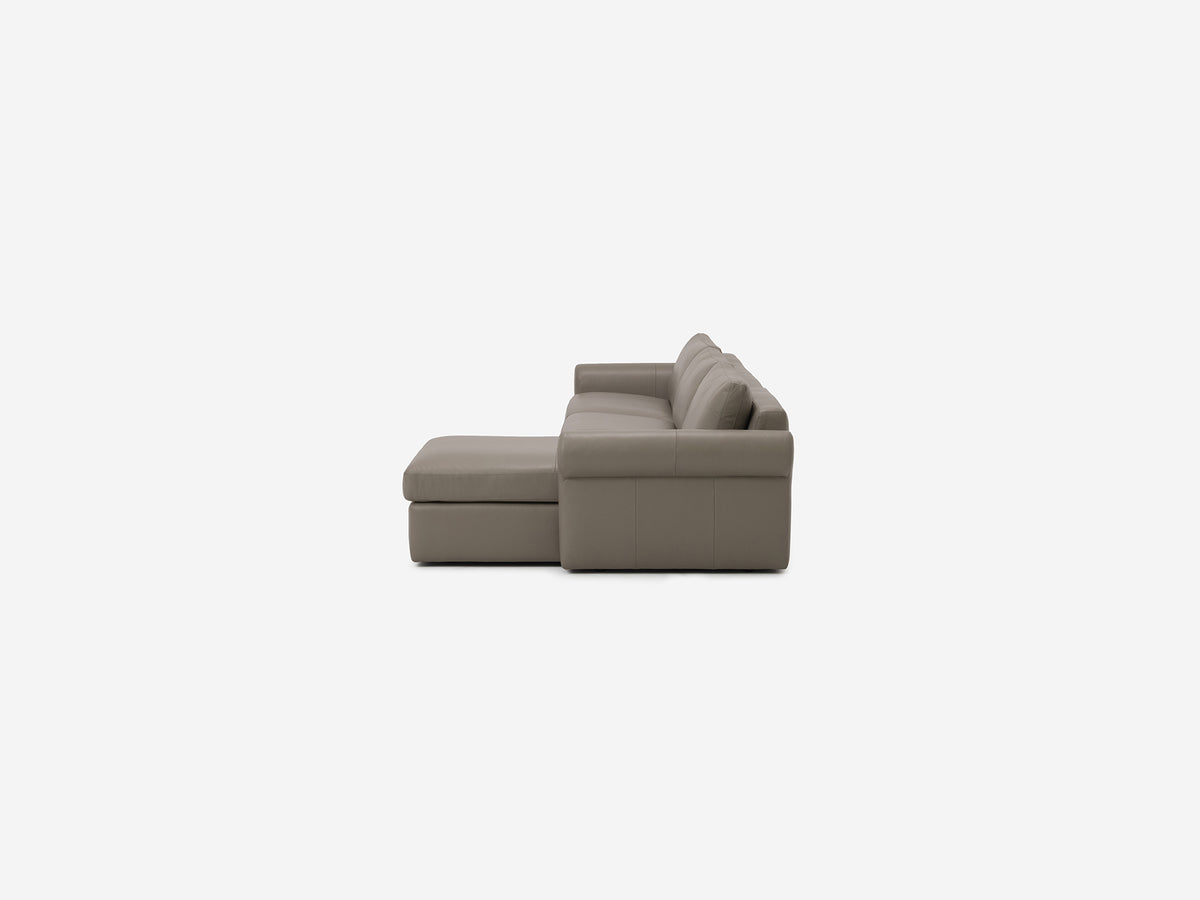 Rein Grey Leather - Shallow Depth - Narrow Seats - Roll Arms - Chaise on Right Hand Side