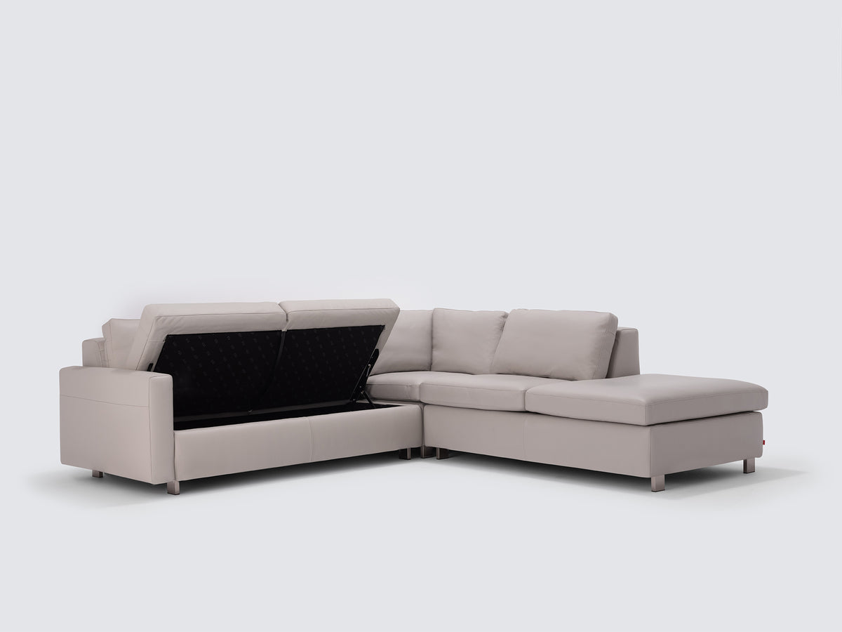 Grey Leather with Stainless Steel Legs - Right Hand Facing Backless Chaise - Narrow Arms
