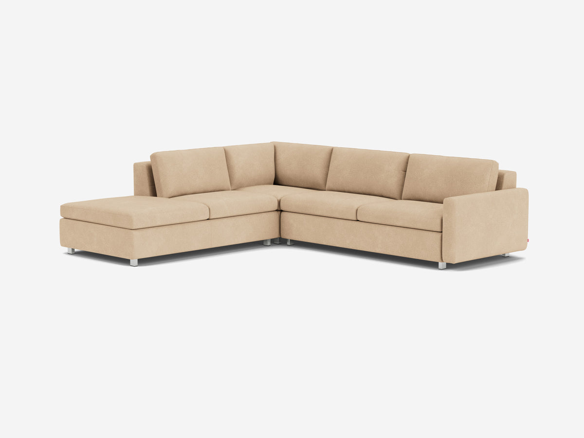 Ava Camel with Stainless Steel Legs - Left Hand Facing Backless Chaise - Narrow Arms