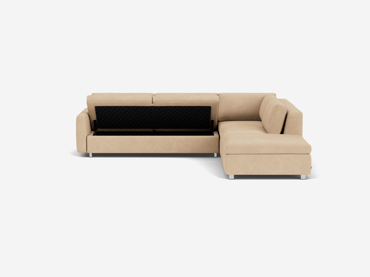 Ava Camel with Stainless Steel Legs - Right Hand Facing Backless Chaise - Narrow Arms