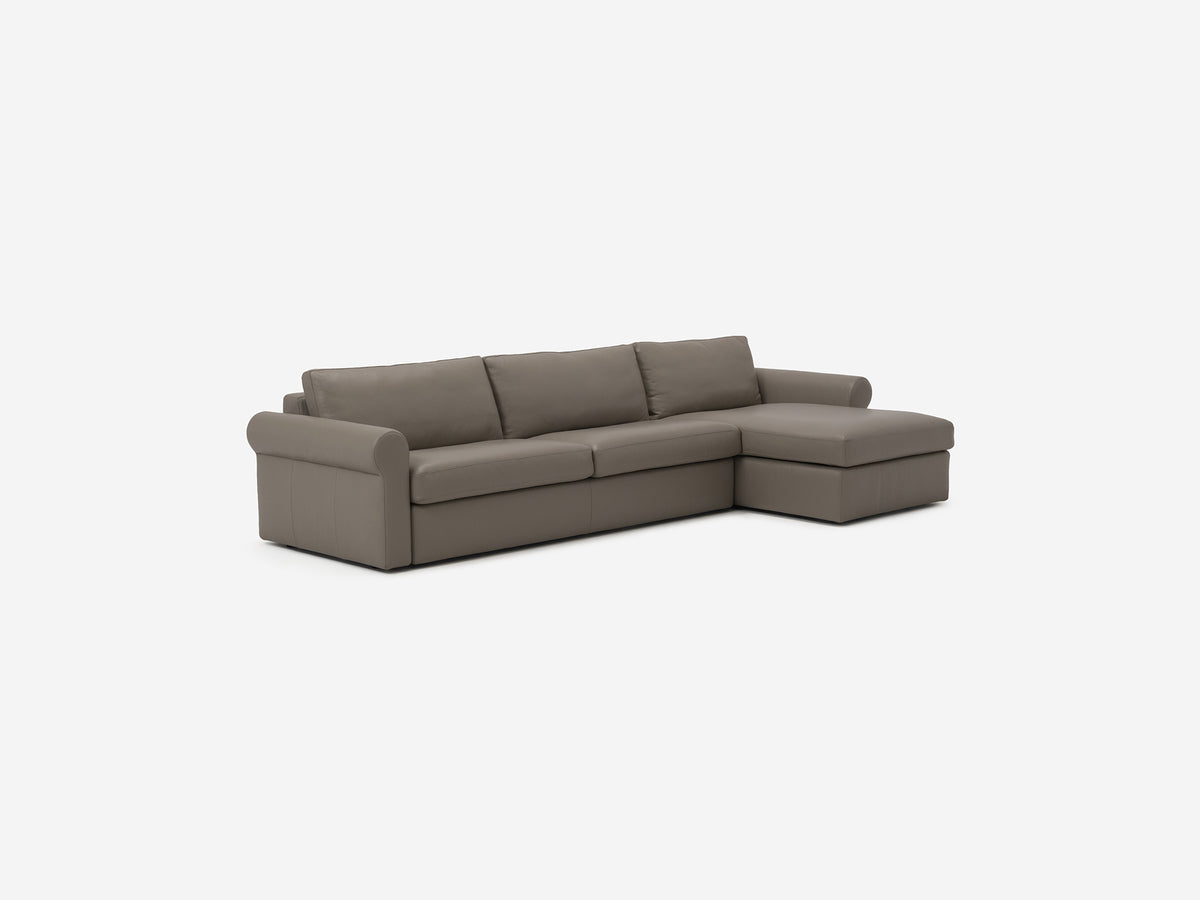 Rein Grey Leather - Shallow Depth - Narrow Seats - Roll Arms - Chaise on Right Hand Side