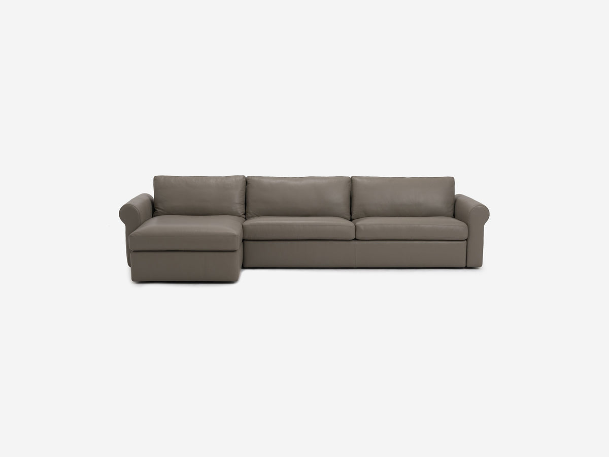 Rein Grey Leather - Shallow Depth - Narrow Seats - Roll Arms - Chaise on Left Hand Side