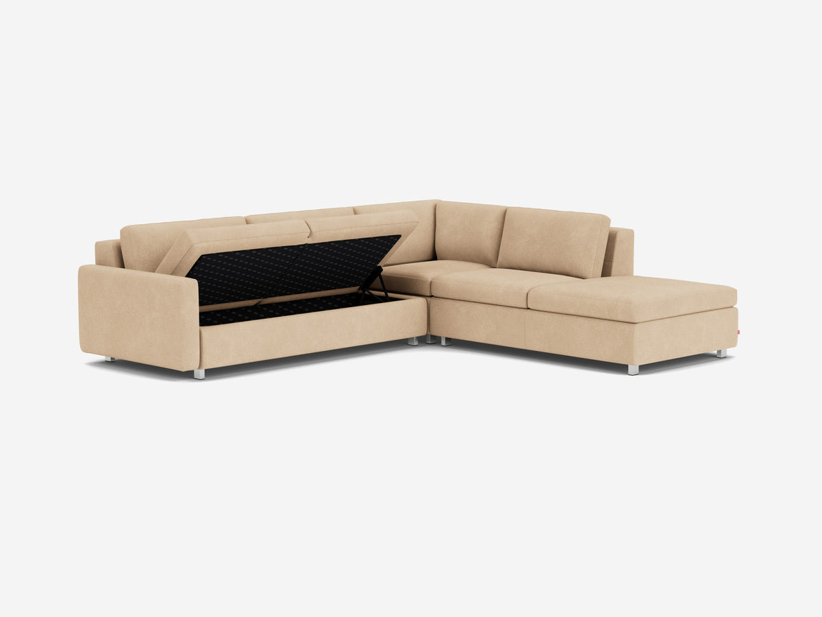 Ava Camel with Stainless Steel Legs - Right Hand Facing Backless Chaise - Narrow Arms