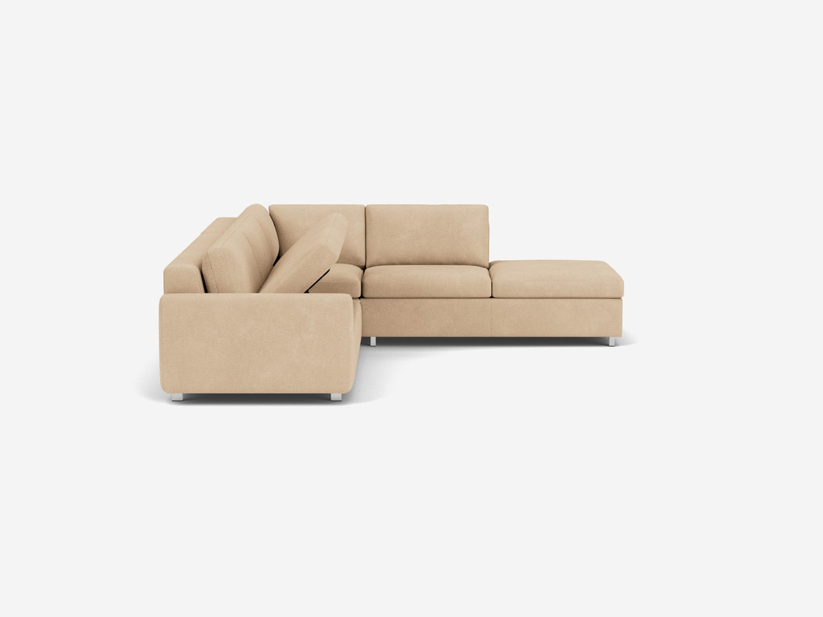 Ava Camel with Stainless Steel Legs - Right Hand Facing Backless Chaise - Narrow Arms