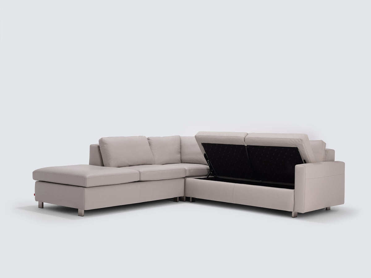 Grey Leather with Stainless Steel Legs - Left Hand Facing Backless Chaise - Narrow Arms