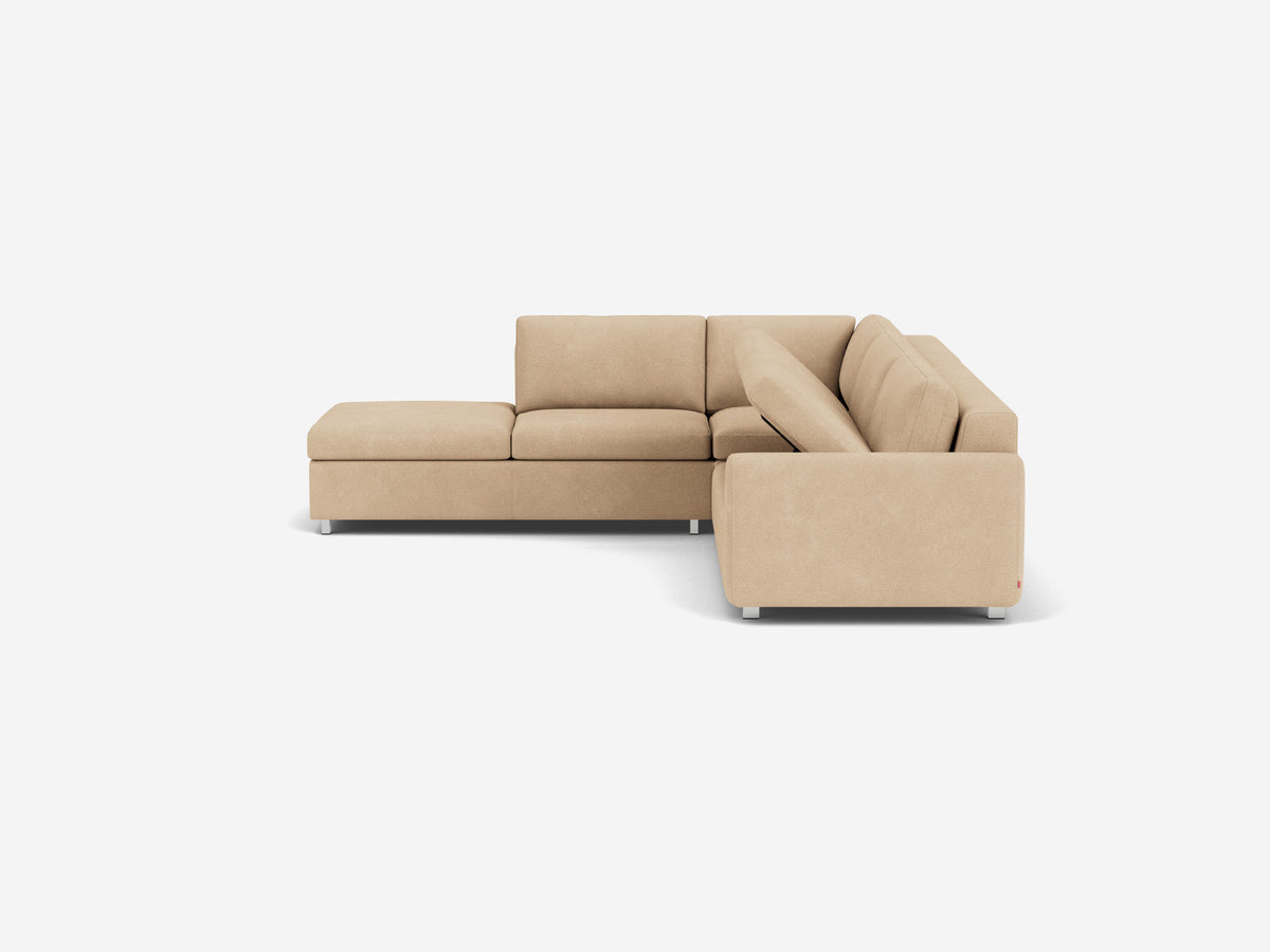 Ava Camel with Stainless Steel Legs - Left Hand Facing Backless Chaise - Narrow Arms