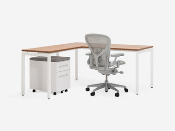 Walnut veneer and White Legs with Return Desk on the Left