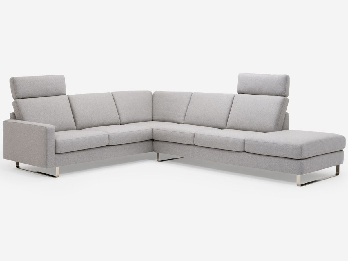 Grade 60 Lana Light Grey with a Metal Sled Base and 2 Headrests - Right Hand Facing Extended Backless Chaise