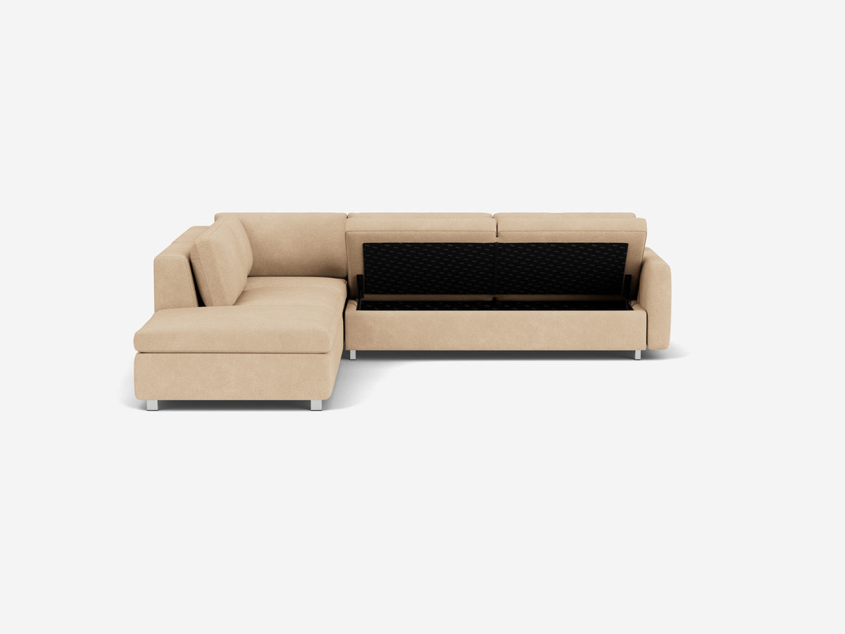 Ava Camel with Stainless Steel Legs - Left Hand Facing Backless Chaise - Narrow Arms