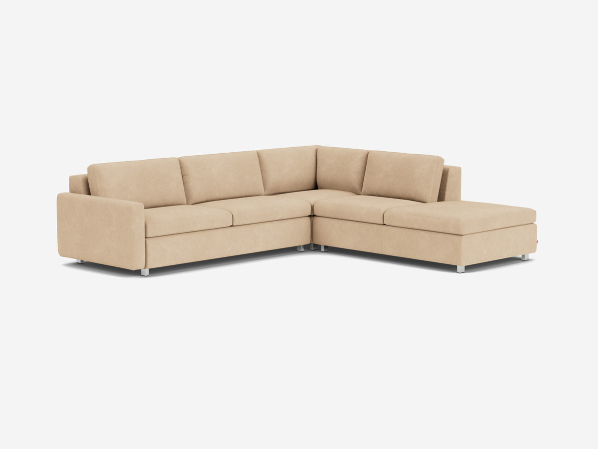 Ava Camel with Stainless Steel Legs - Right Hand Facing Backless Chaise - Narrow Arms
