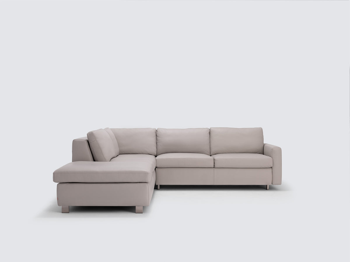 Grey Leather with Stainless Steel Legs - Left Hand Facing Backless Chaise - Narrow Arms