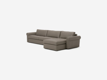 Rein Grey Leather - Shallow Depth - Narrow Seats - Roll Arms - Chaise on Right Hand Side