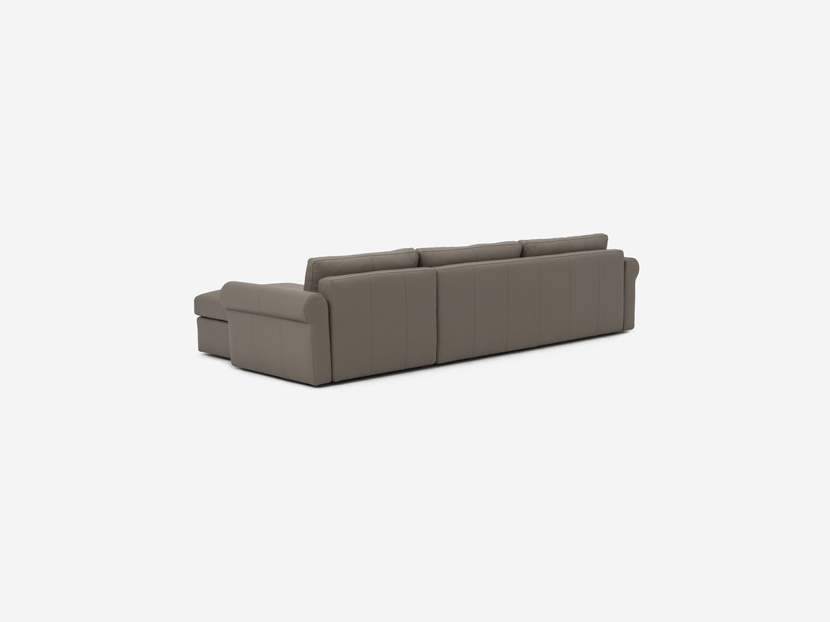 Rein Grey Leather - Shallow Depth - Narrow Seats - Roll Arms - Chaise on Right Hand Side