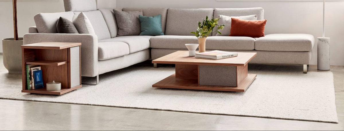 A modern light gray sectional sofa styled in a bright, contemporary living room with a wooden coffee table, a side table, a large potted plant, and a colorful abstract art print on the wall.